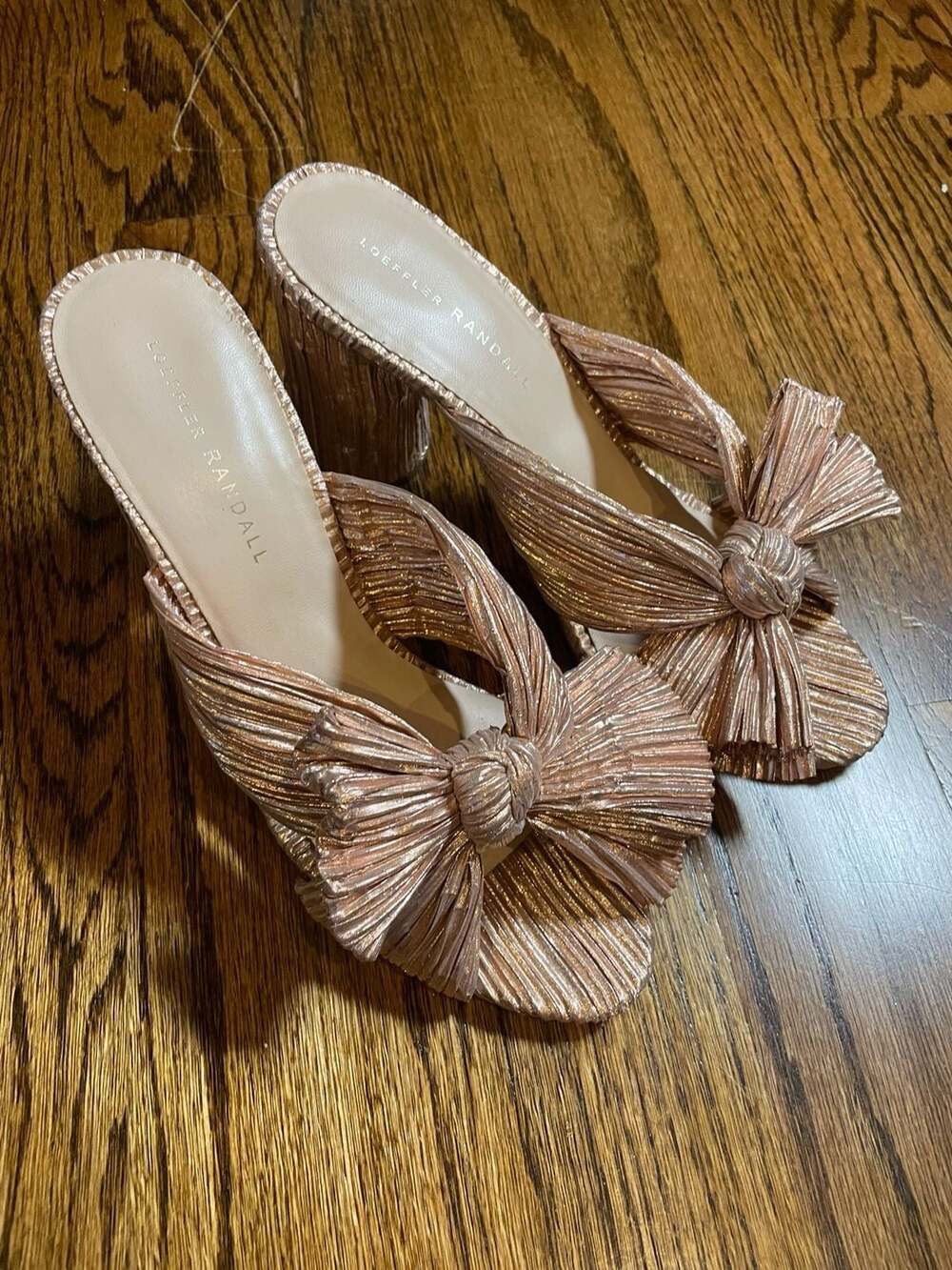 Loeffler Randall Metallic Rose Pleated Knot Mule Sandals Runs Small